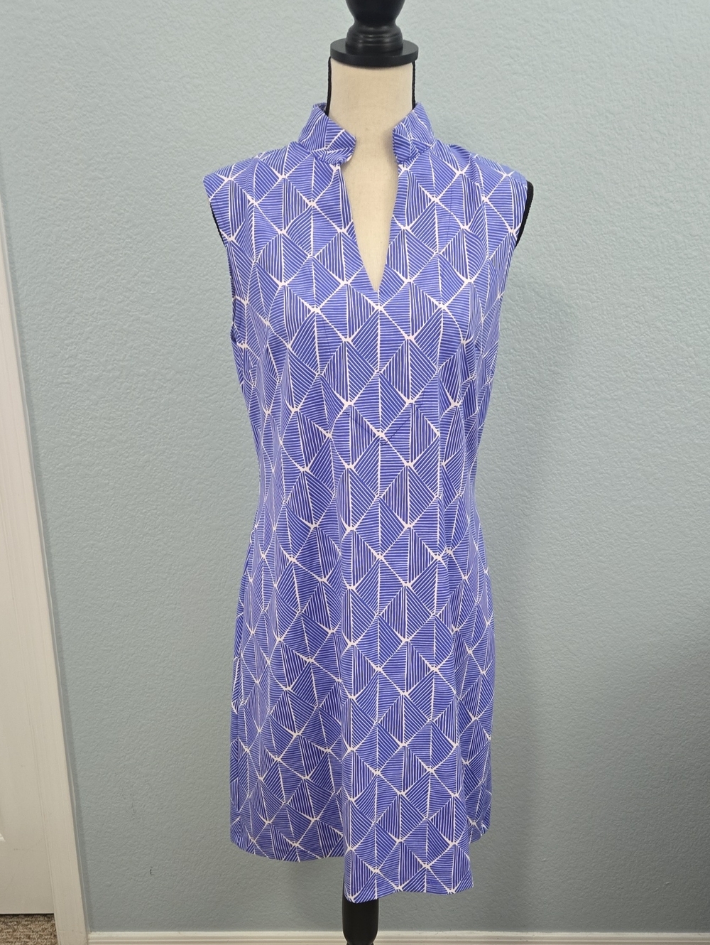 MAHI GOLD Schooner Dress Sleeveless V Neck Diamond Geo Periwinkle Blue Large